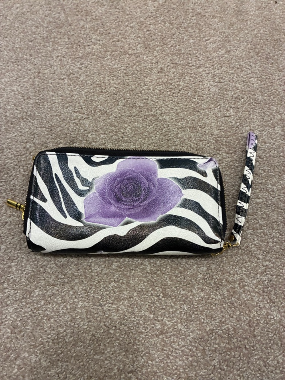 Zebra Print Wristlet Wallet with Purple Rose